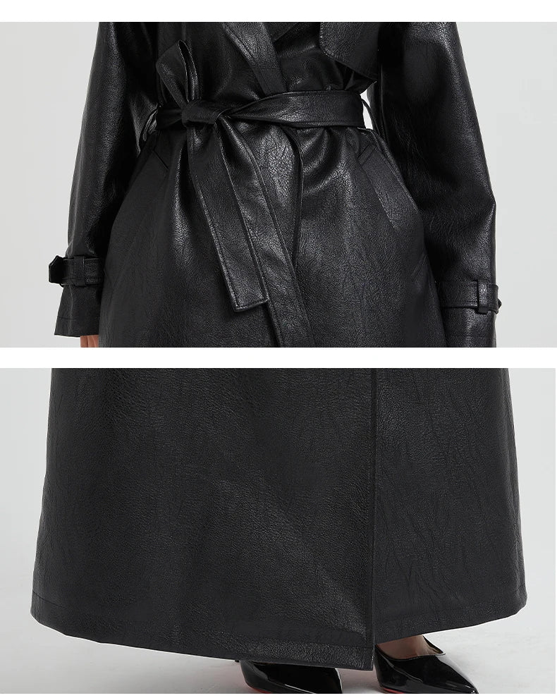 Lautaro Spring Autumn Extra Long Brown Pu Leather Trench Coat for Women Sashes Luxury Chic Overcoat Runway European Fashion 2024