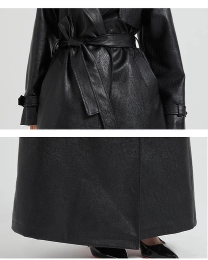 Lautaro Spring Autumn Extra Long Brown Pu Leather Trench Coat for Women Sashes Luxury Chic Overcoat Runway European Fashion 2024