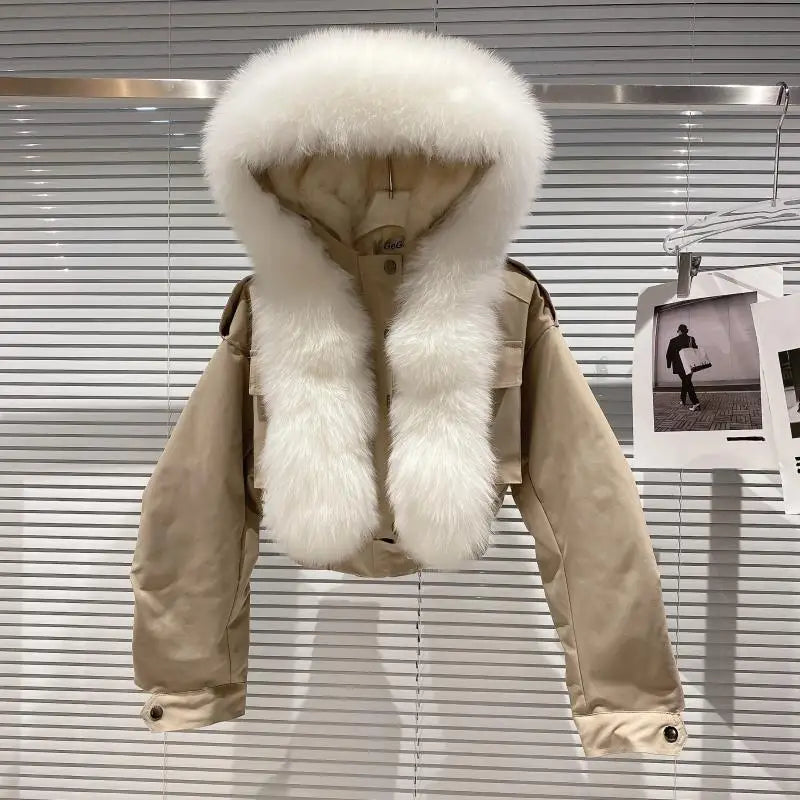 Big Fox Fur Collar Removable Rabbit Liner Short Coat Jacket for Women Winter Elastic Hem Hooded Jackets Wram Fashion Outwear