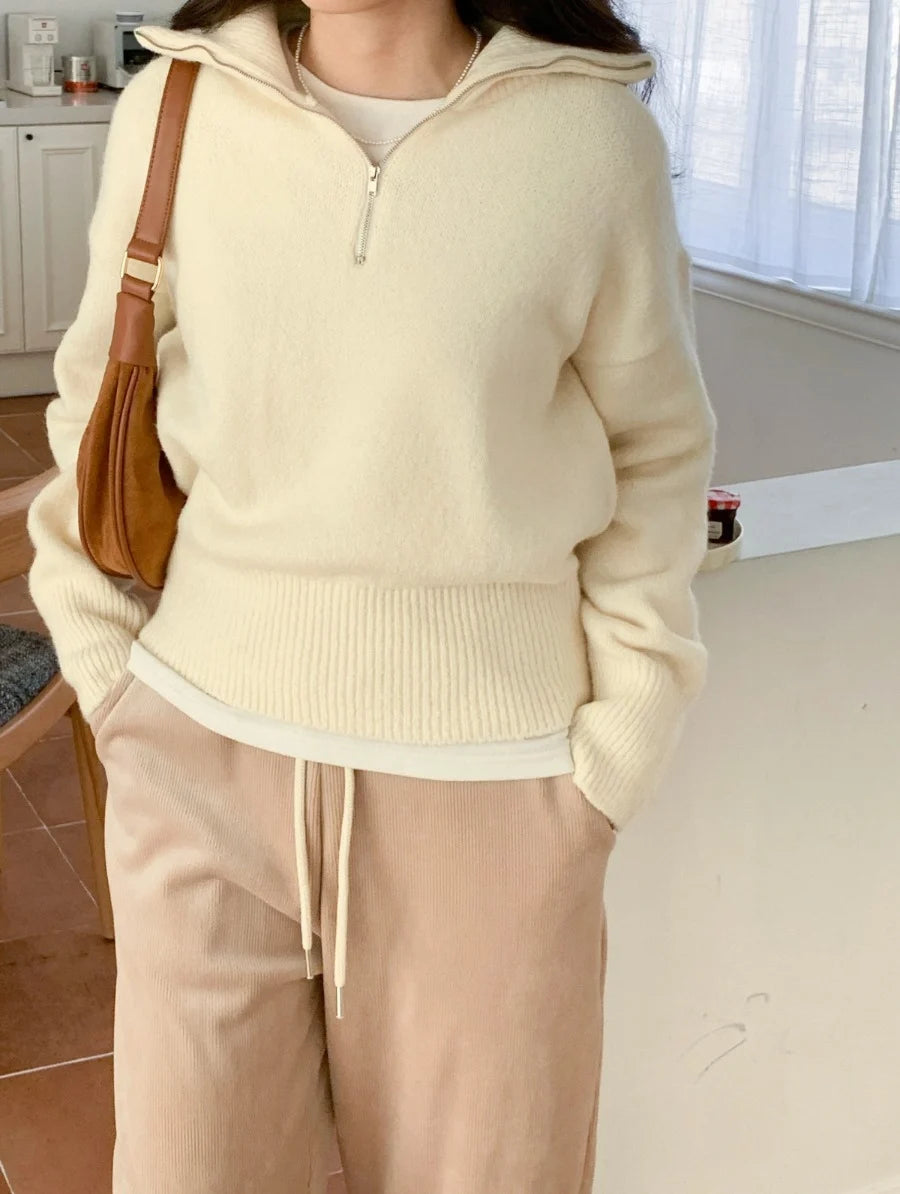 Women's Casual Loose Knitted Sweater Autumn Winter Chic Design Versatile f Zipper Stand Collar  Color Top