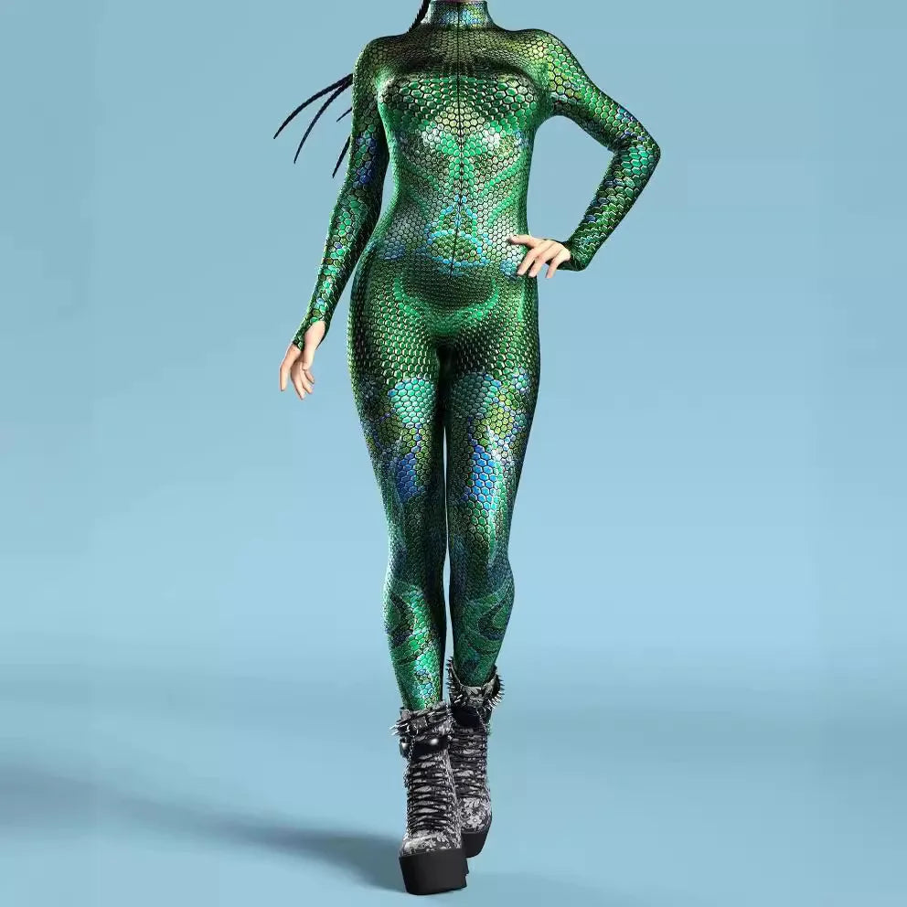 Women's Stylish Green Snake Print BodySuit New Halloween Adult Cosplay Jumpsuit Colorful 3D Printing Carnival Party Rave Outfits