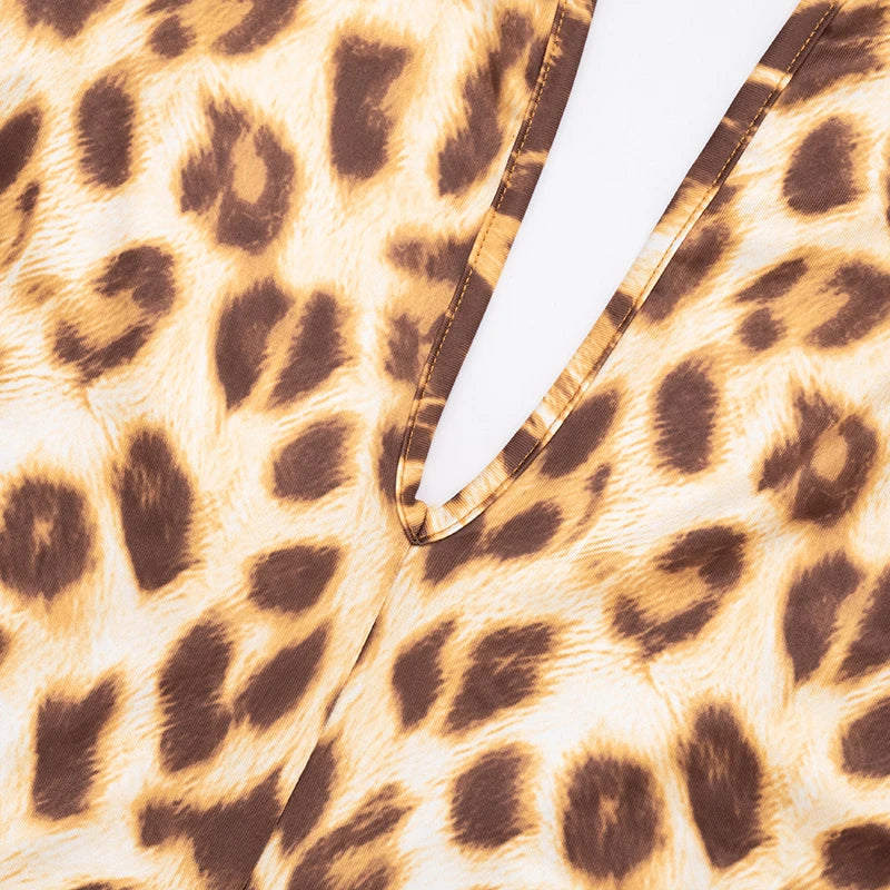 CUTENOVA Women'S Fall/Winter New Leopard Print Deep V-Neck Back Hollow Out  Bodycon Jumpsuit Sexy Fashion Streetwear Jumpsuit