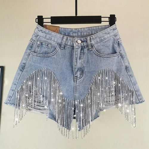 Diamond Tassel Pocket Women Jeans Denim Shorts Y2K High Waist Pants Fashion Summer Slim Fit Casual Ripped Jeans Femme HOT SALE