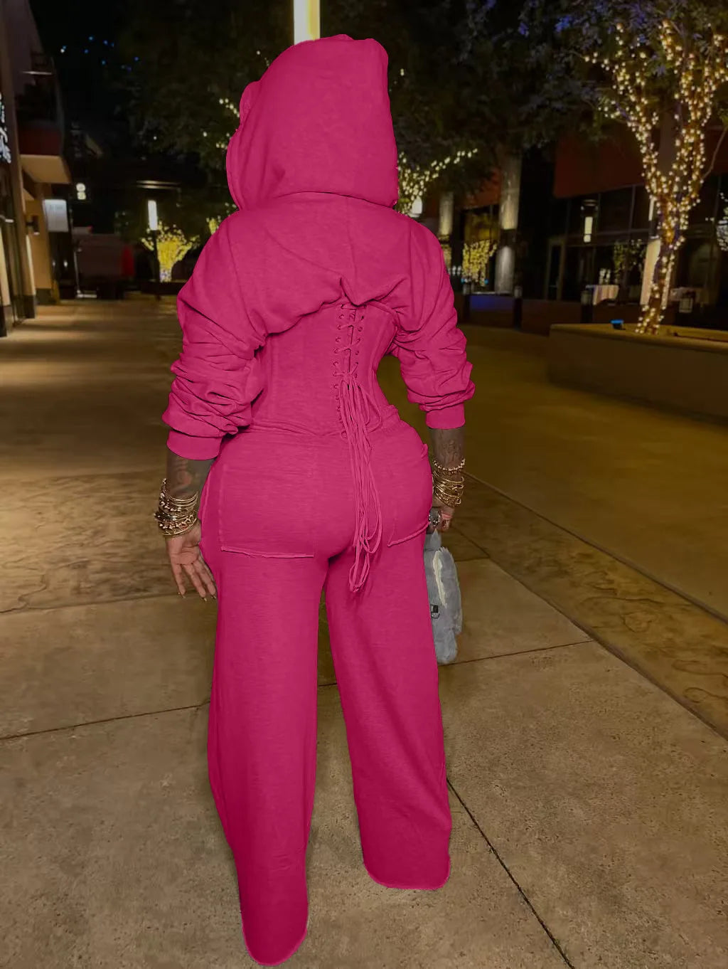 FAGADOER Casual 2 Pieces Set for Woman Outfits Solid Color Bandage Patchwork Hooded Crop Top and Pants Suit Female Streetwear