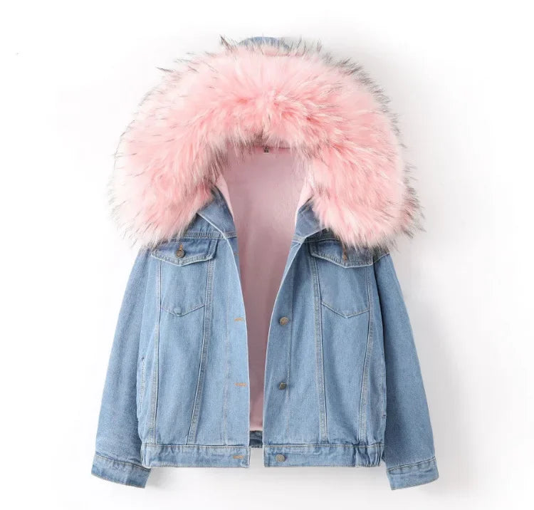 Korean Style Fleece Lined Thickened Hooded Lamb Fur Denim Jacket Women's Large Collar Versatile Cotton Coat Autumn Winter New Ar