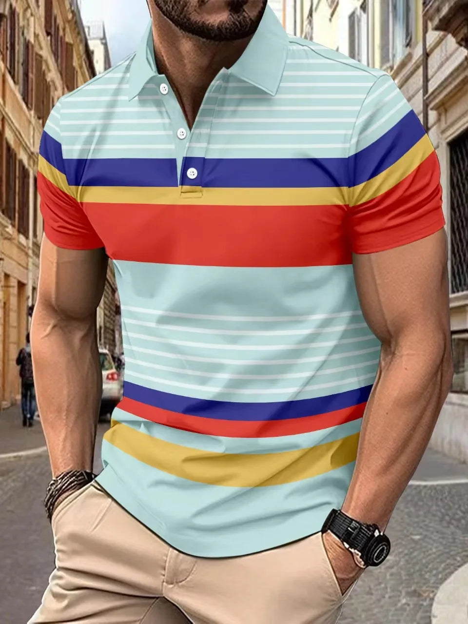 2025European and American ins cross-border 2024 summer new men's striped lapel short sleeved polo shirt casual contrasting polo
