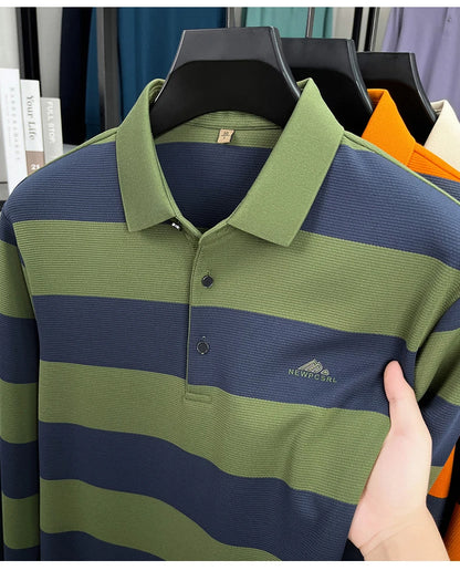 High end brand men's long sleeve polo shirt autumn fashion striped original letter design boutique golf casual business T-shirt