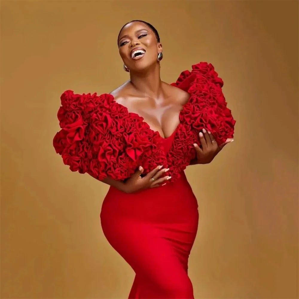 Fashion Red Prom Dress V-Neck Pleat Flower Mermaid Floor Length Sweep Train Formal Party Dresses Evening Gown Customized