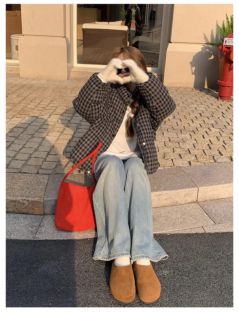 MEXZT Short Plaid Parkas Women Streetwear Stand Collar Puffer Jacket Winter Korean Down Coats Fashion Cotton Padded Outerwears