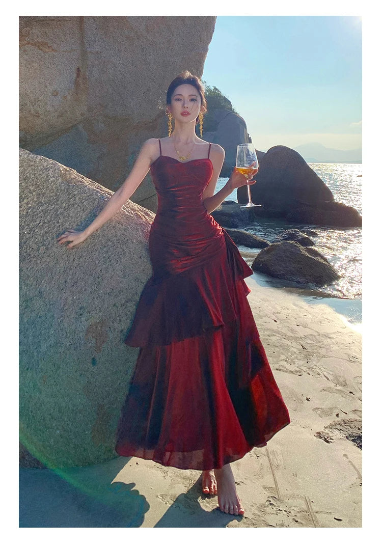 Sexy Solid Spaghetti Strap Sleeveless Evening Dresses Elegant Ruffles Party Long Dress For Women Summer Slim Beach New Vestidos