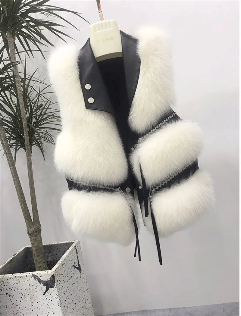 Autumn Winter Splicing Imitation Fox Fur Grass Vest Women Short Jacket 2025New Fashion Versatile Sleeveless Lady Waistcoat Coat
