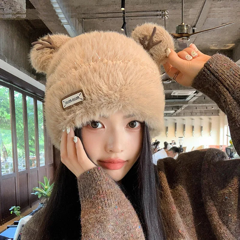 Knitted Hat Beanie Winter Warm Fleece Lined Reindeer Antlers Korean Style Cute Christmas Party Women Girls Thickened Thermal
