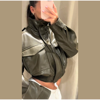 Vintage Zippers Short Leather Jackets Women's Casual Lapel Button Pockets Full Sleeve Coat 2025 Autumn New Lady Chic Streetwear