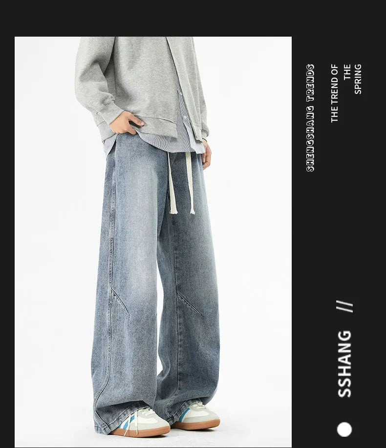 2025 Hip-hop Baggy Denim season elastic waist New Korean Men's Jeans American Loose Fit Wide-leg Straight Casual Trousers Street