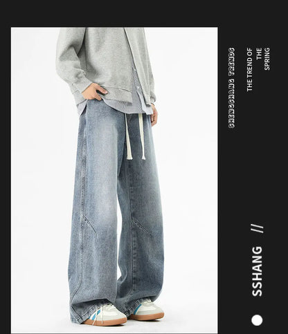 2025 Hip-hop Baggy Denim season elastic waist New Korean Men's Jeans American Loose Fit Wide-leg Straight Casual Trousers Street