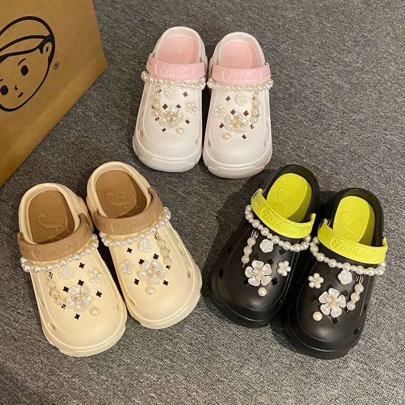 Summer Fashion Pearl Chain DIY Clogs Women 2025 Chunky Platform Slip On Sandals Women Thick Bottom EVA Slippers Shoes Woman Heel