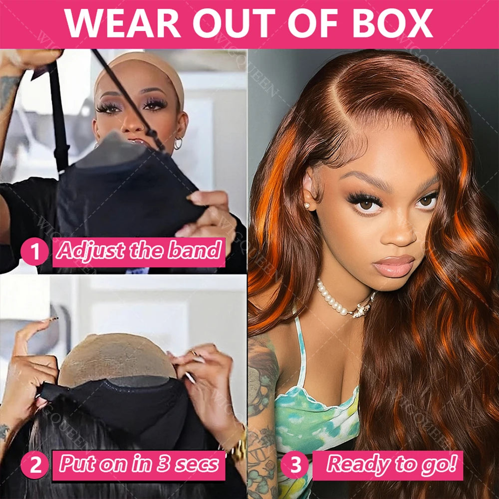 No Silk Highlight Ombre Lace Front Wig Human Hair 200% Density #4/350 Brown With Ginger Body Wave Lace Front Wigs Human Hair