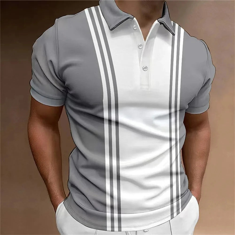 Men's Button Polo Shirt Collar Short-sleeved Pullover Sports Summer Casual Button Striped Collar Trend T-shirt Tops
