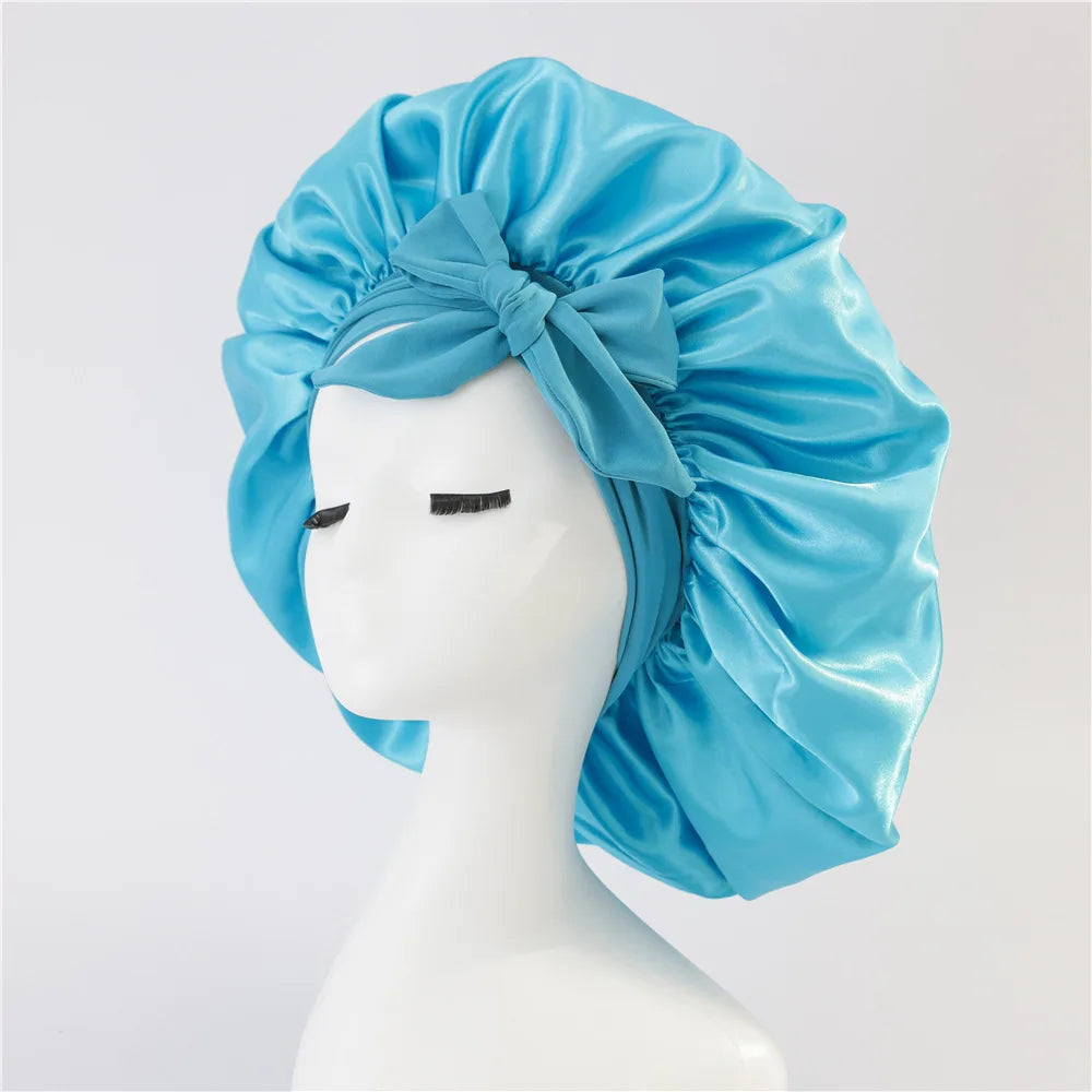 Women Satin Tie Bonnet Spandex Wide Stretchy Band Long Tail Satin Cheveux Nuit Silk Sleeping Night Cap Bonnets for Women