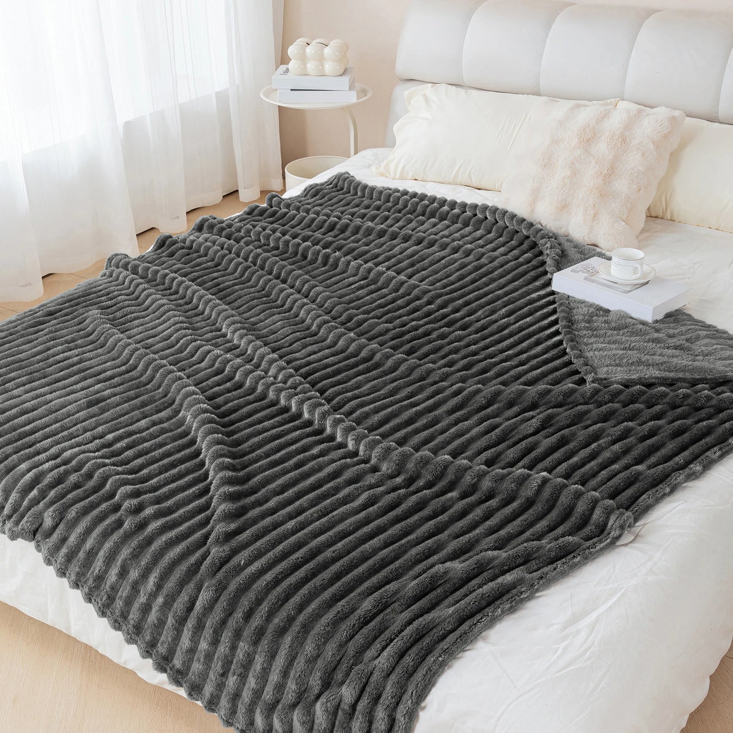 1pc solid color thick wide stripe multifunctional blanket, can be used as bed sheet covering blanket, nap blanket, pet blanket