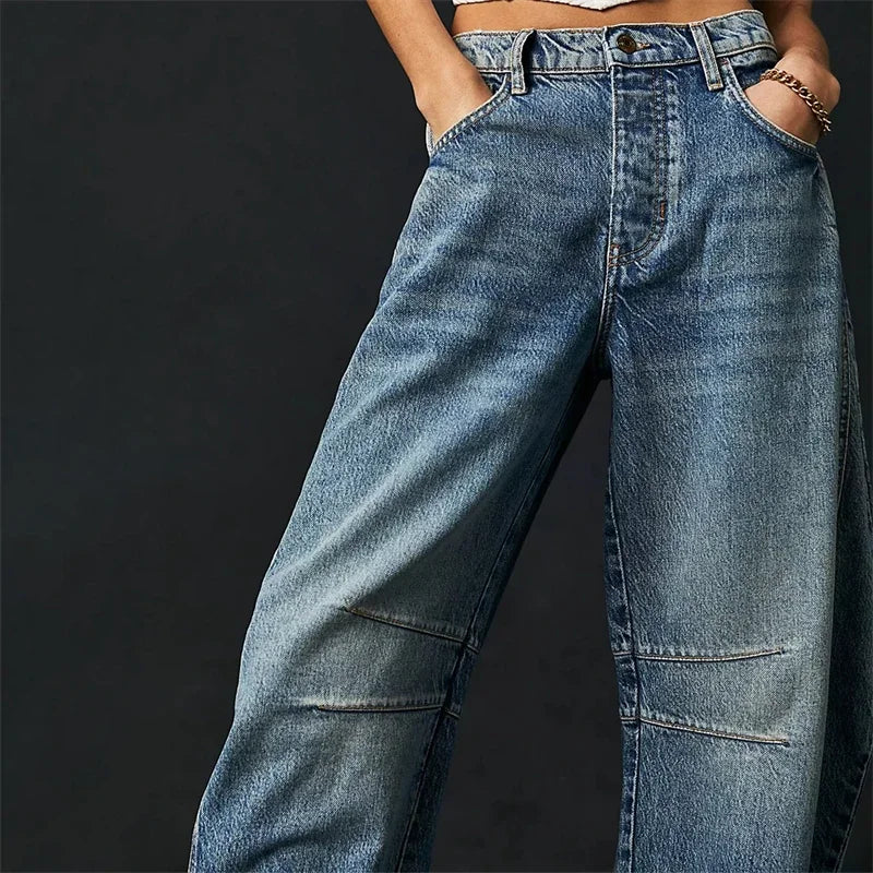 High Stretch Mid-Rise  Jeans Fashion Wide Leg Shape Women Casual Baggy Mid Waist Denim Jeans