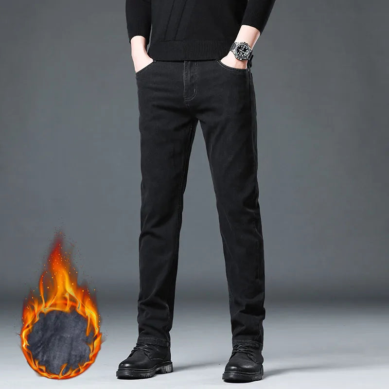 Men's Fleece Elastic Jeans Thick Warm Slim Fit Business Trousers Classic Solid Color Fashionable High-quality Trend Cozy Pants
