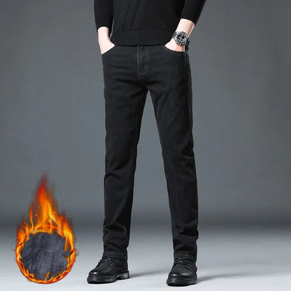 Men's Fleece Elastic Jeans Thick Warm Slim Fit Business Trousers Classic Solid Color Fashionable High-quality Trend Cozy Pants