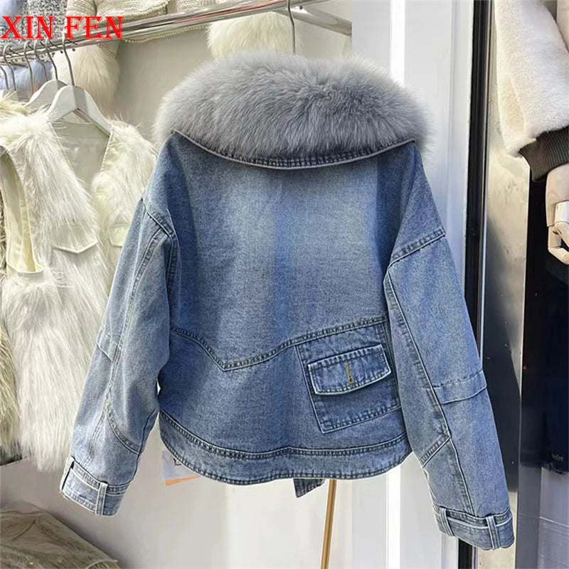 Womens Coats Spring New 100%Natural Real Fox Fur Collar Fashion Short Denim Jacket Luxury Goose Down Puffer Jackets Clothing