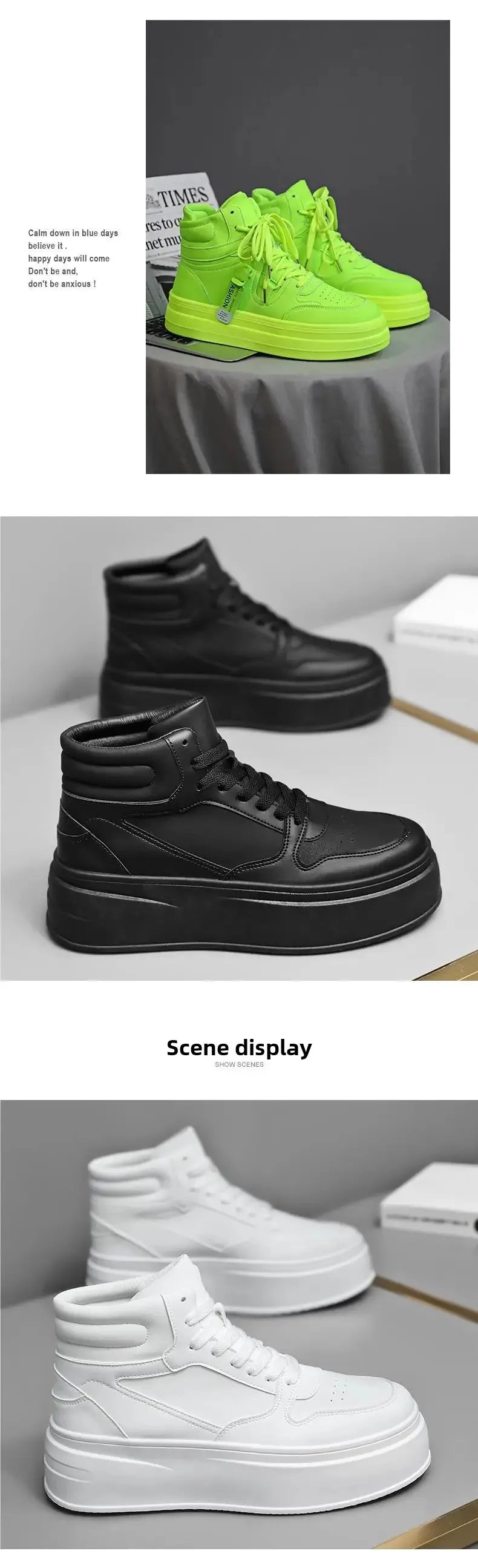 New Autumn/Winter Men's Casual Sneakers 12cm Increased Height 10cm Thick Sole White Shoes High Top Rubber Base Male Footwear