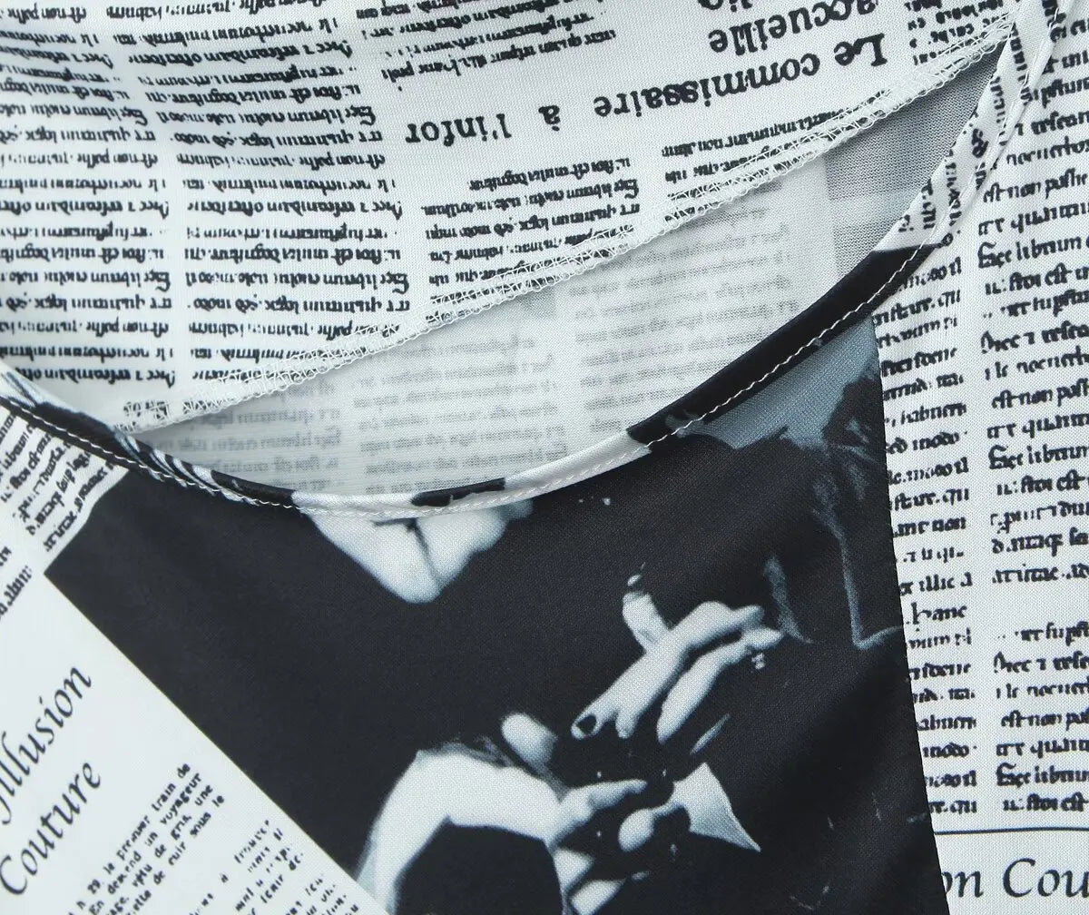 YENKYE New Women Newspaper Letter Print Irregular Hem Sling Dresses Fashion Backless Thin Straps With Chain Summer Sexy Dress