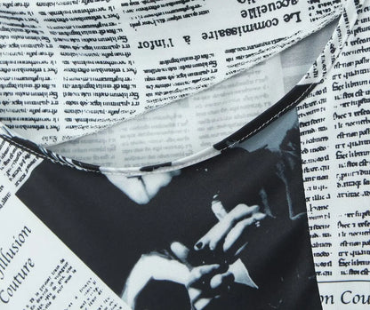 YENKYE New Women Newspaper Letter Print Irregular Hem Sling Dresses Fashion Backless Thin Straps With Chain Summer Sexy Dress