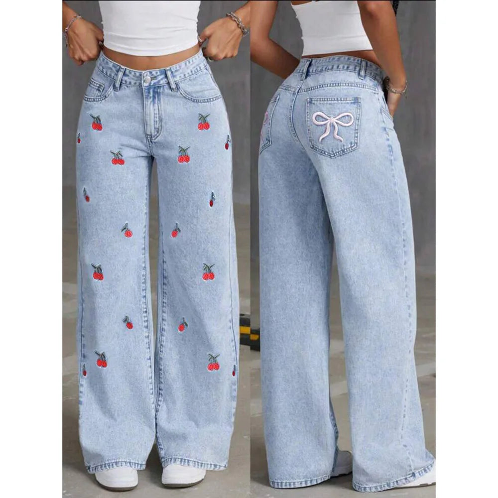 Denim Wide Leg Pants Women Jeans Embroidery High Waist Distressed Washed Mom Pockets Vintage Floor Length Trousers Streetwear
