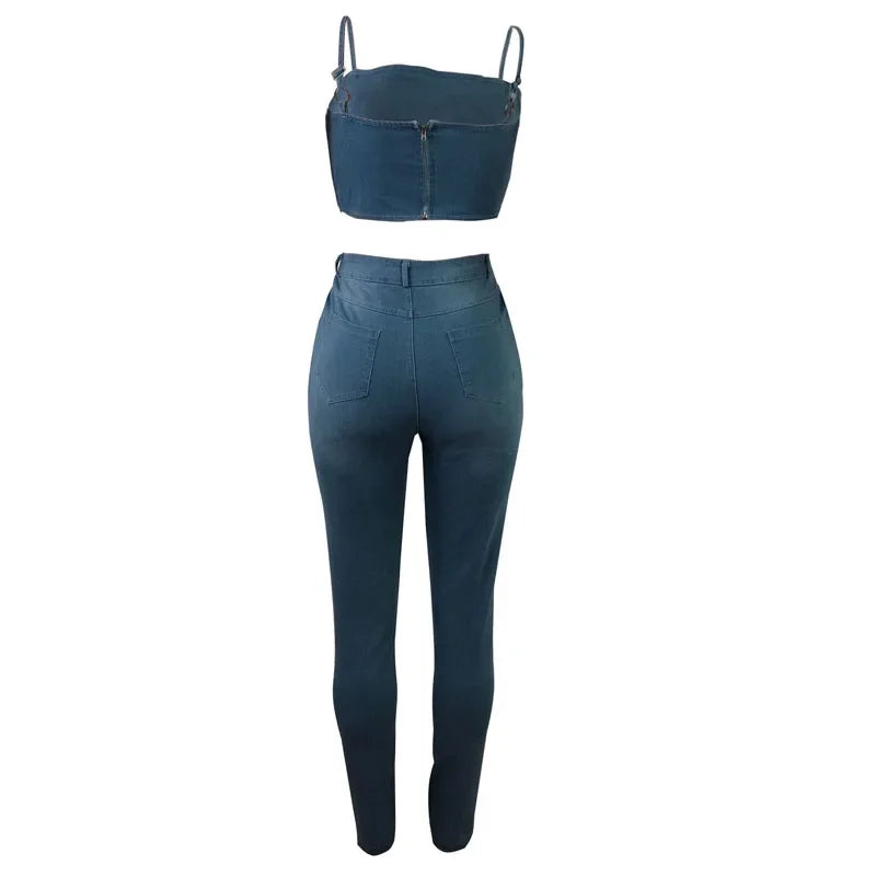 Jeans Outfits 2025 & 2026 Women Clothes Sets 2 Piece Birthday Party Club Sexy Crop Top and Pants Denim Two Piece Mathcing Set