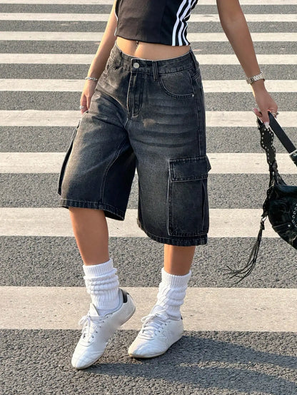 American retro workwear denim shorts women's summer new style loose side three-dimensional large pocket casual five quarter pant