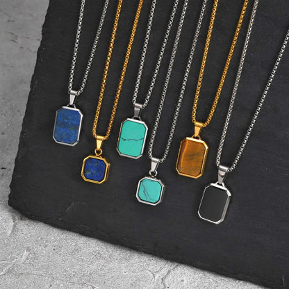 Trendy Pendant Necklaces for Men Boys,Square Natural Stone Stainless Steel Necklaces,Hip Hop Cool Healing Jewelry Gifts