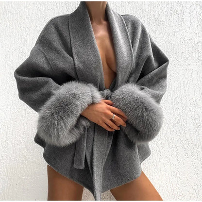 Elegant Lace Up Woolen Short Coat Solid Loose Lapel Furry Belt Long Sleeve Jacket Female 2025 Autumn Winter Lady Chic Cardigan