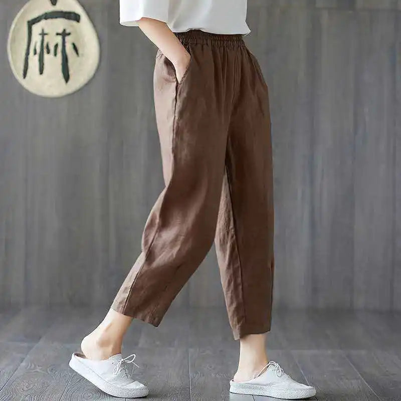 Womens Spring Summer Pants Cotton Linen Solid Elastic waist Candy Colors Harem Trousers Soft high quality for Female ladys M-4XL