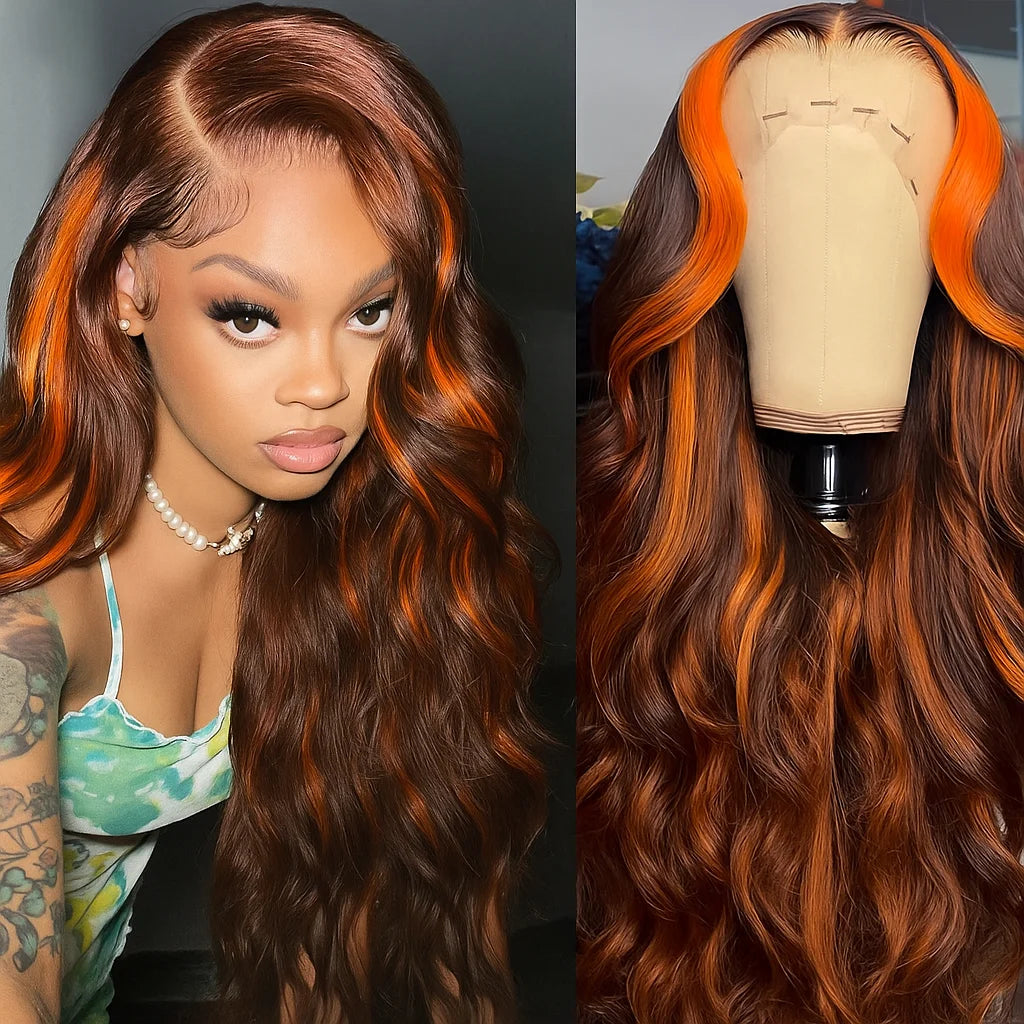 No Silk Highlight Ombre Lace Front Wig Human Hair 200% Density #4/350 Brown With Ginger Body Wave Lace Front Wigs Human Hair