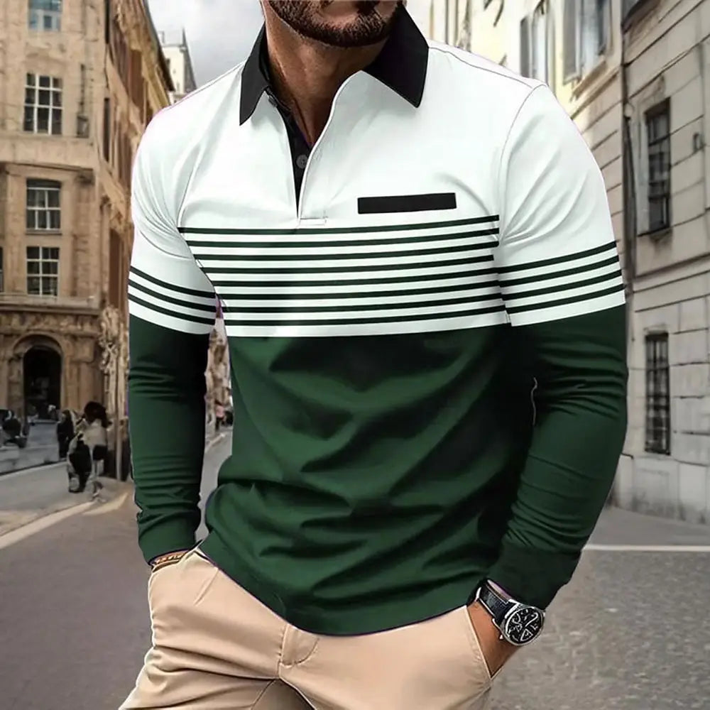 Men's Horizontal Stripes Polo Long Sleeve Polo Shirts Athleisure Daily Wear 3D Prints Breathable Buttons Tops 2025 Fall Winter