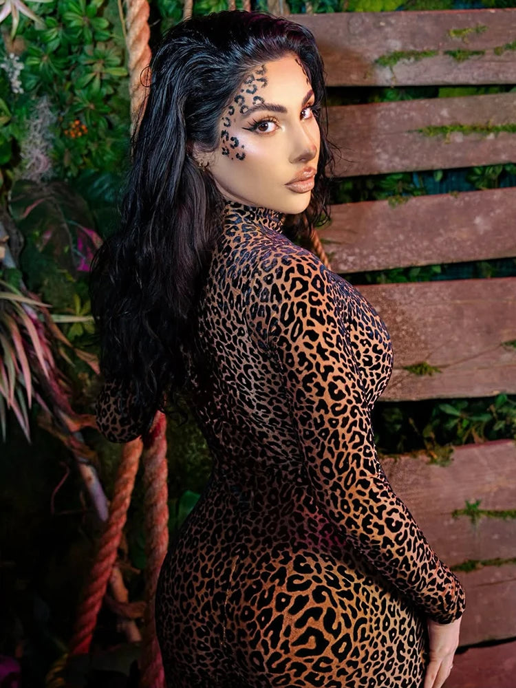 Nibber See Through Sexy Leopard Mesh Jumpsuit Women Sexy Hipster Zip Stretch Midnight Workout Autumn Fitness Street Overalls