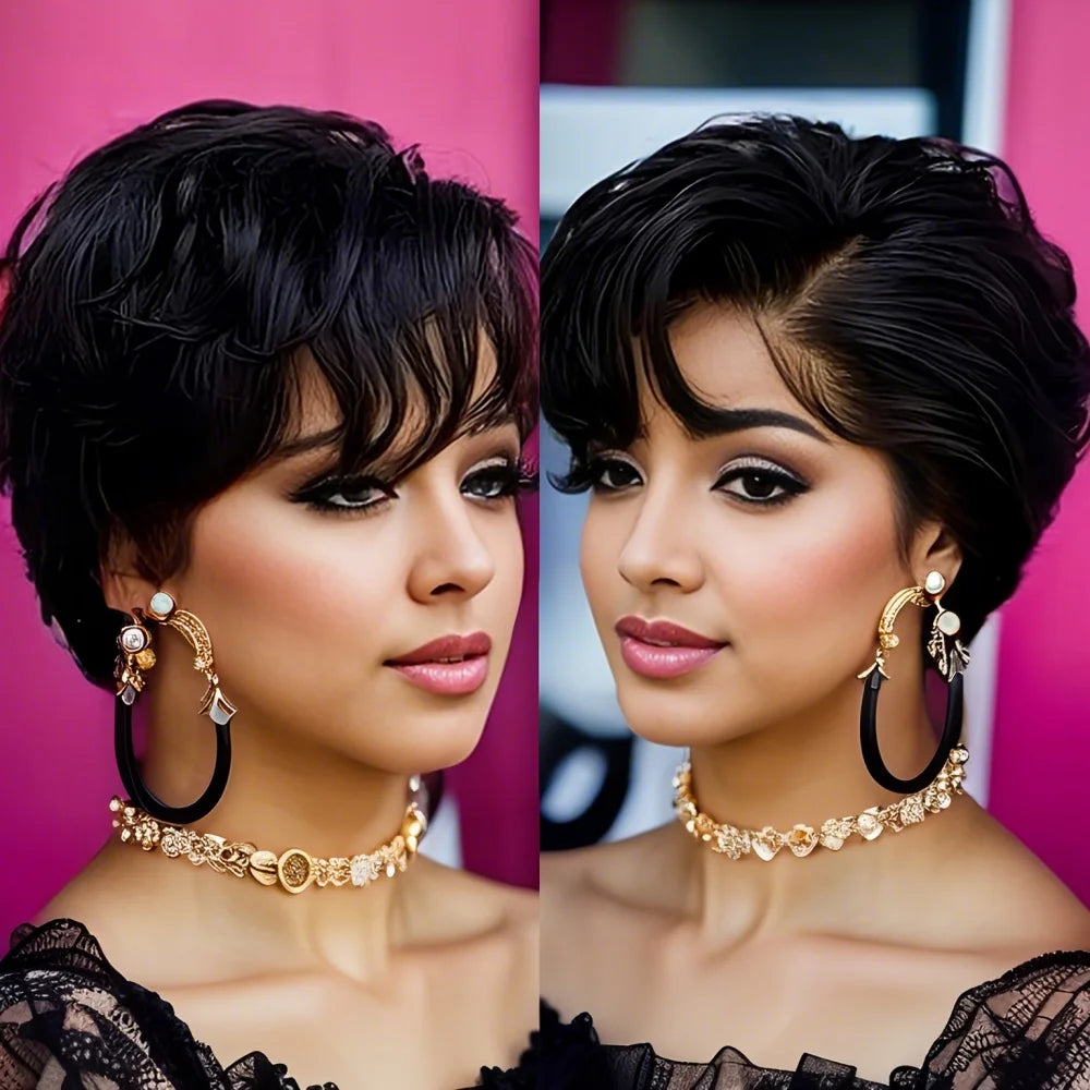 13x4 Lace Front Wig Human Hair Transparent Frontal Wig Pixie Cut Wigs Natural Wave Short Layered with Bangs Wig for Women