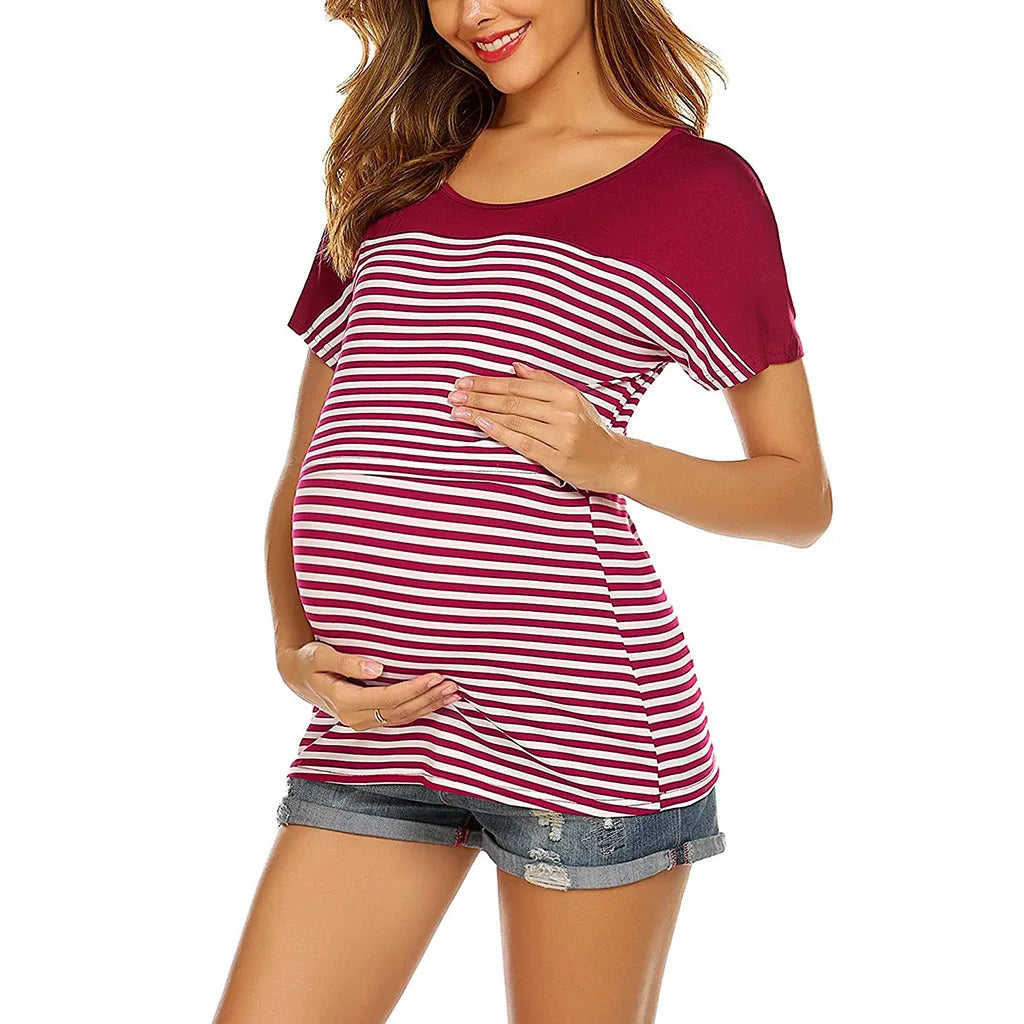 2022New summer Pregnancy Clothes Women Maternity Short Sleeve Striped Layer Nursing T-shirt Top For Breastfeeding женская одежда