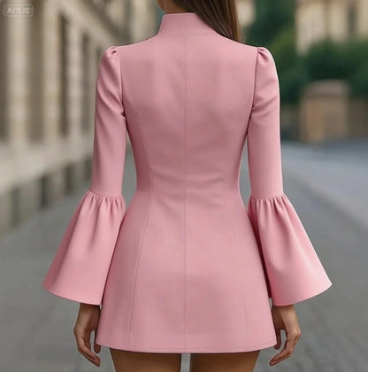 Autumn temperament slim solid colour stand-up collar flared sleeve single-breasted suit dress