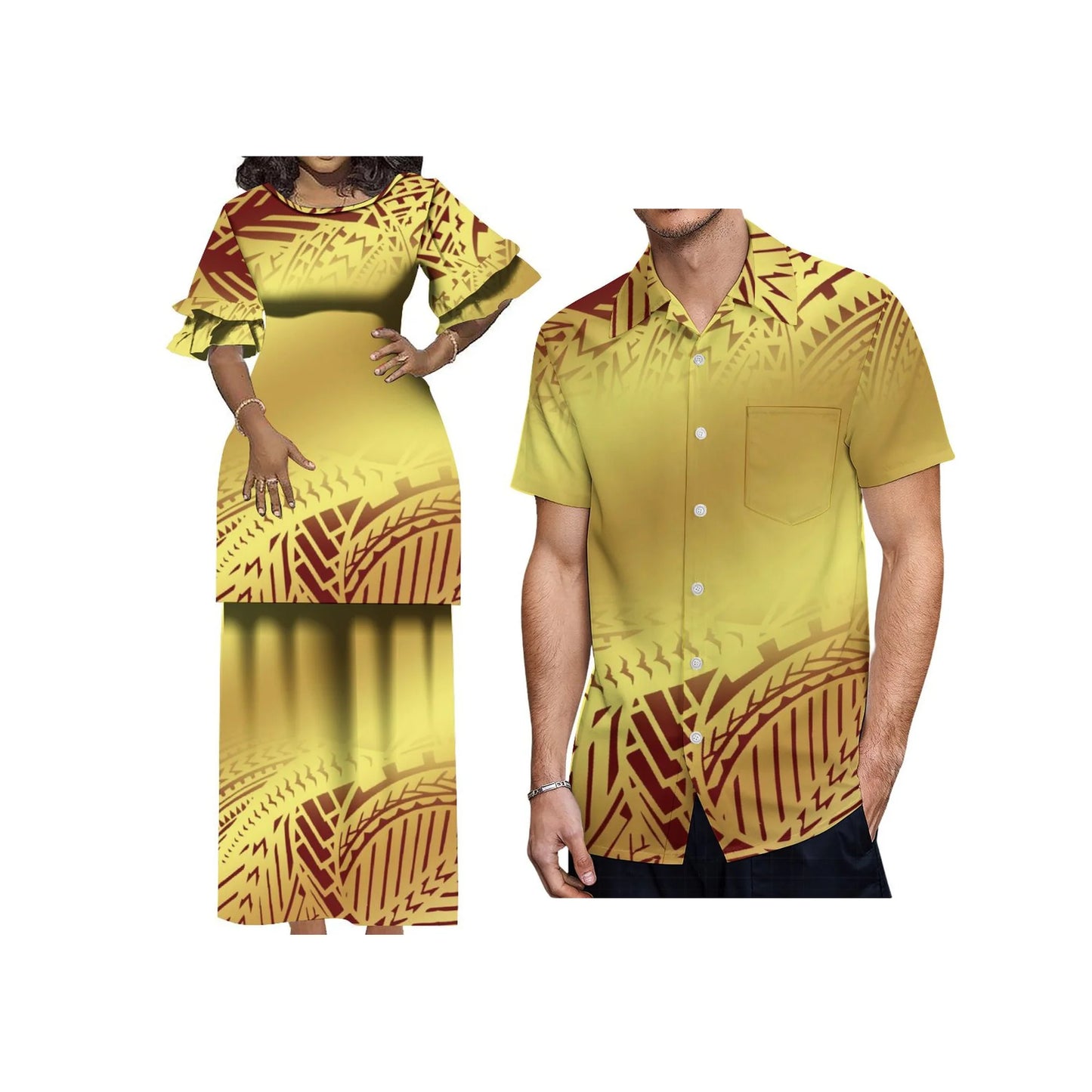 Plus Size Women 2 Piece Outfits Sets Dress New Wholesale Custom Polynesian Tribal Design Petal Sleeve Samoan Puletasi Set