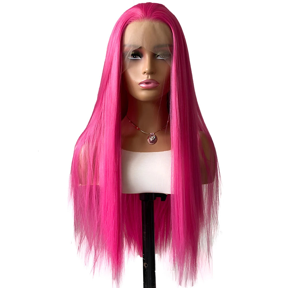 Rose Pink Straight Synthetic Lace Wig Glueless Wigs For Women Natural Hairline Daily Wear Long Pink  Wig Cosplay Part Front Hair