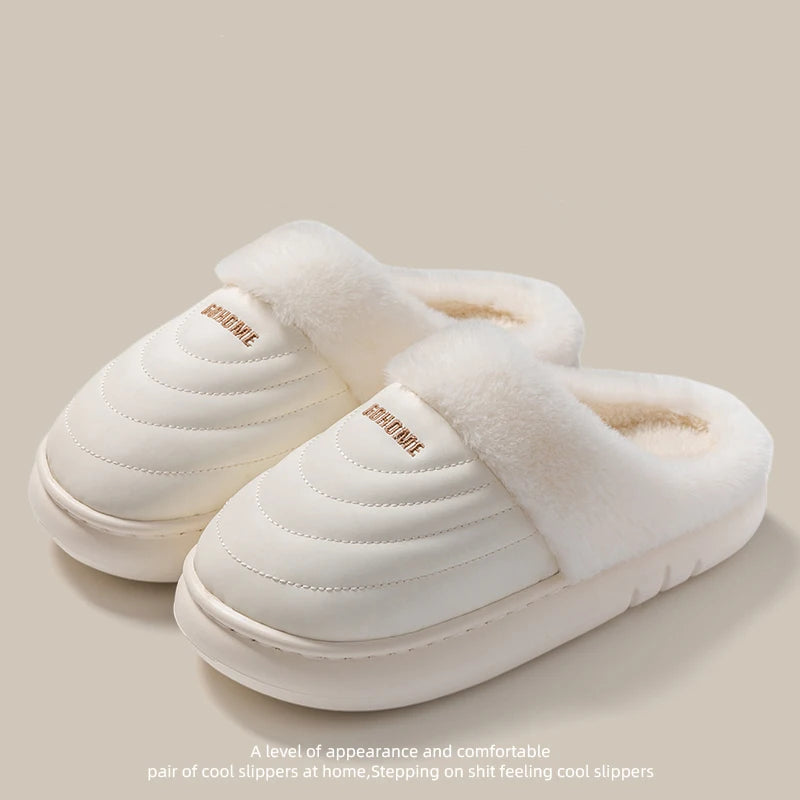 Plus Size 48-49 Waterproof Women's Home Slippers Flat Heel Non Slip Cotton Slippers Woman Faux Fur Warm Living Room Shoes Female