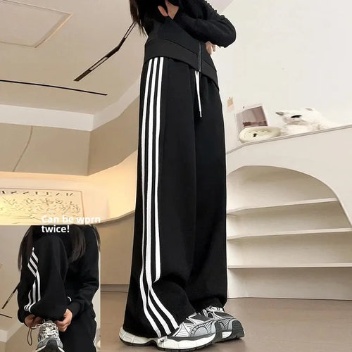 Black Striped Sports Pants Women's Spring Autumn Wide Leg Casual Loose High Waist Straight Leg Sweatpants