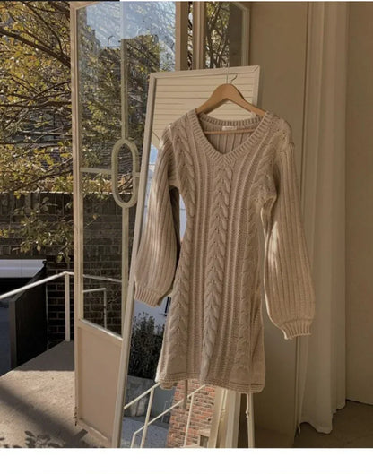 Korean Chic Autumn Gentle V-neck Linen Pattern Design Slimming Long Sleeve A- line Knitted Dress High Collar Ankle-length Dress