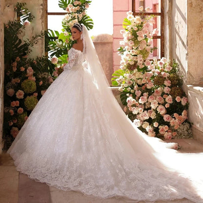 Vintage Wedding Dresses Off Shoulder Lace Appliques Long Sleeves Sequins Bride Dress Bridal Gowns  Vestido De Novia