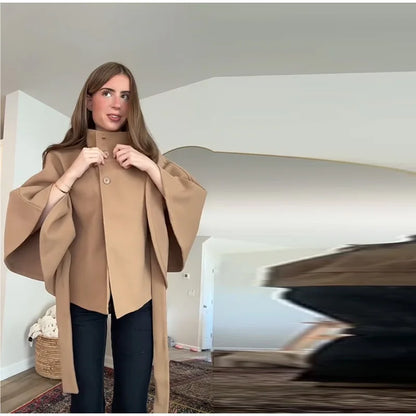 Elegant Fleece Women's Coats Solid Stand Long Sleeve Belted Lace-Up Button Jackets 2025 Autumn Winter Outerwear Female Tops